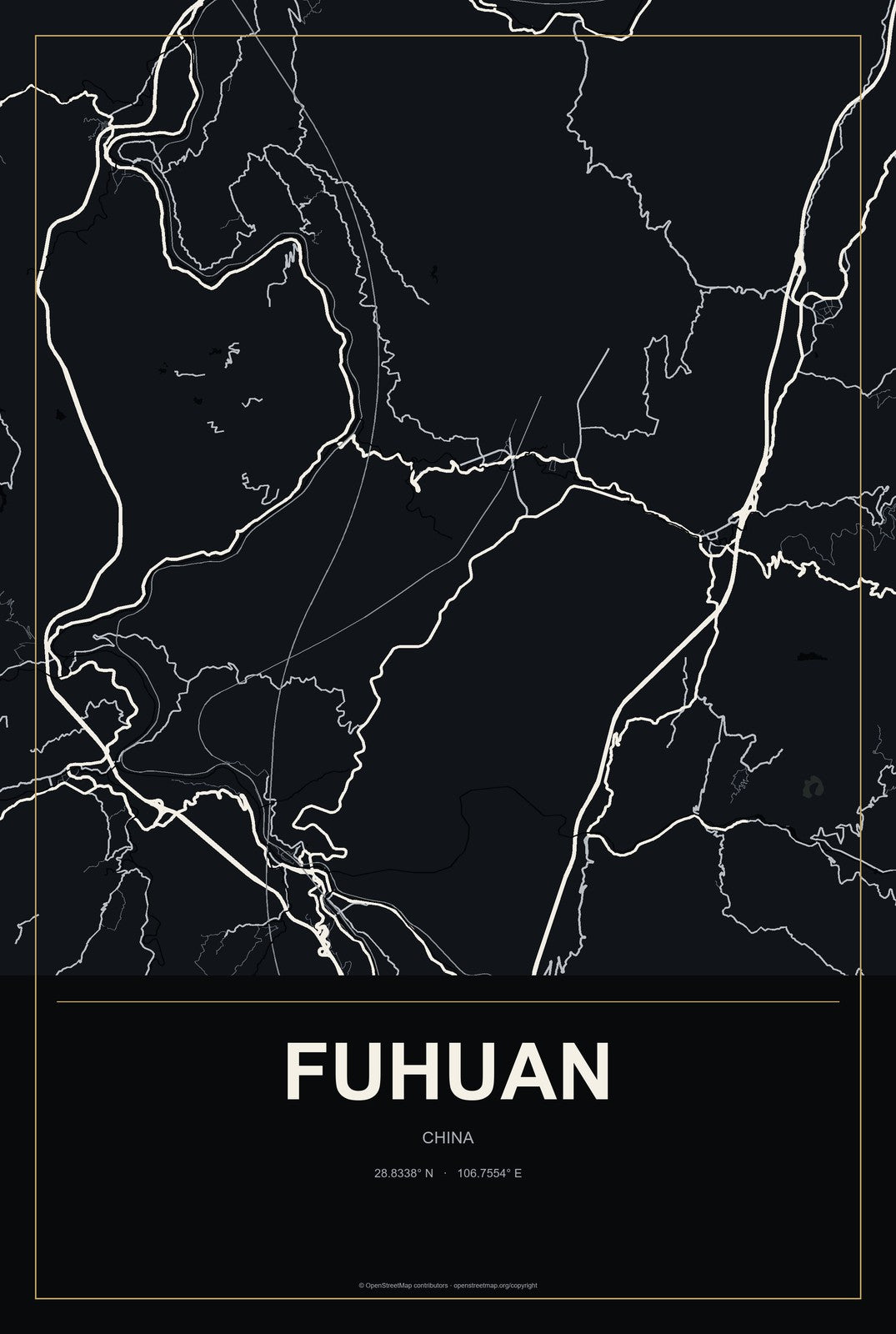 Fuhuan, China City Map Aluminum Sign in Metropolitan Noir style