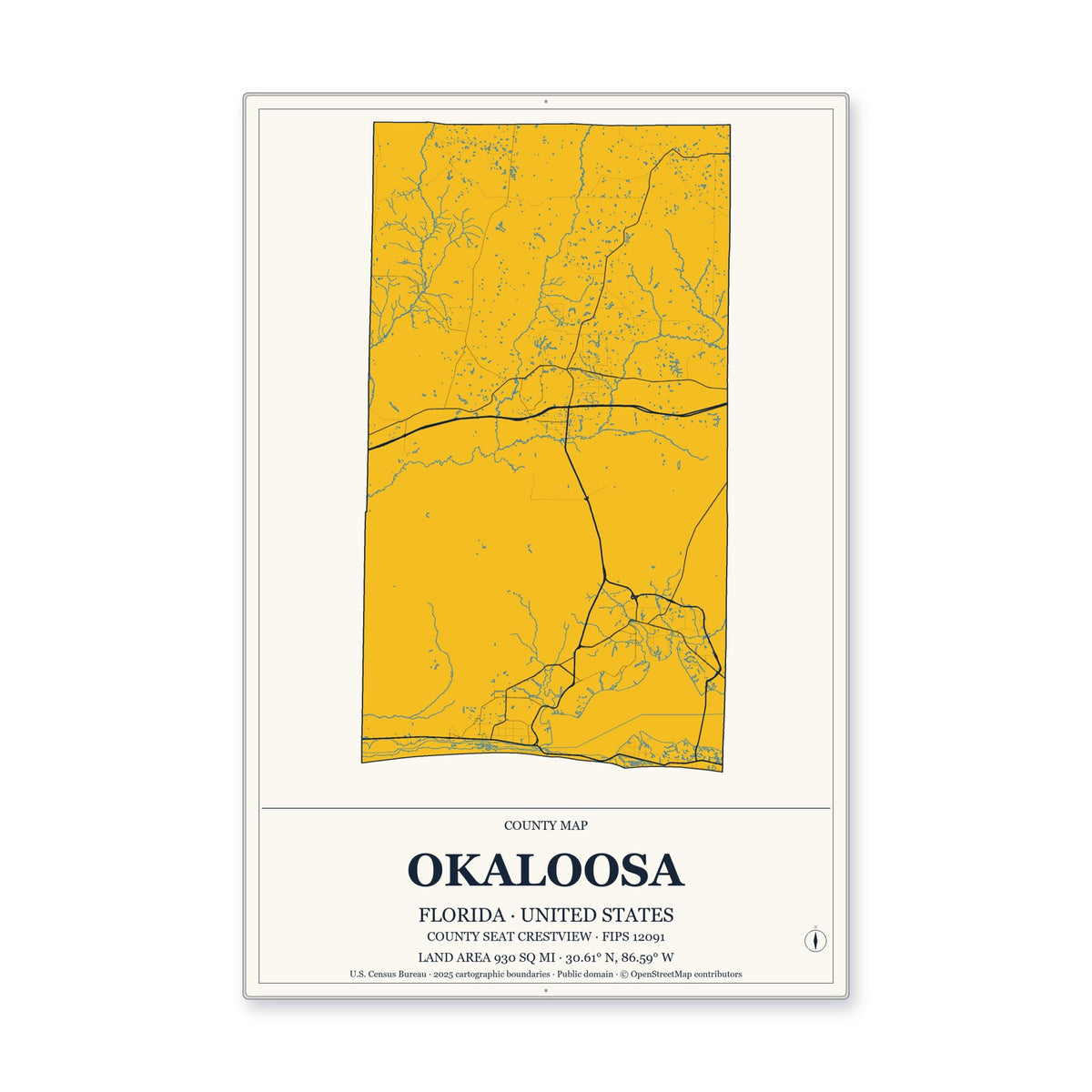Okaloosa County, Florida Map Aluminum Sign in Citrine Modern style