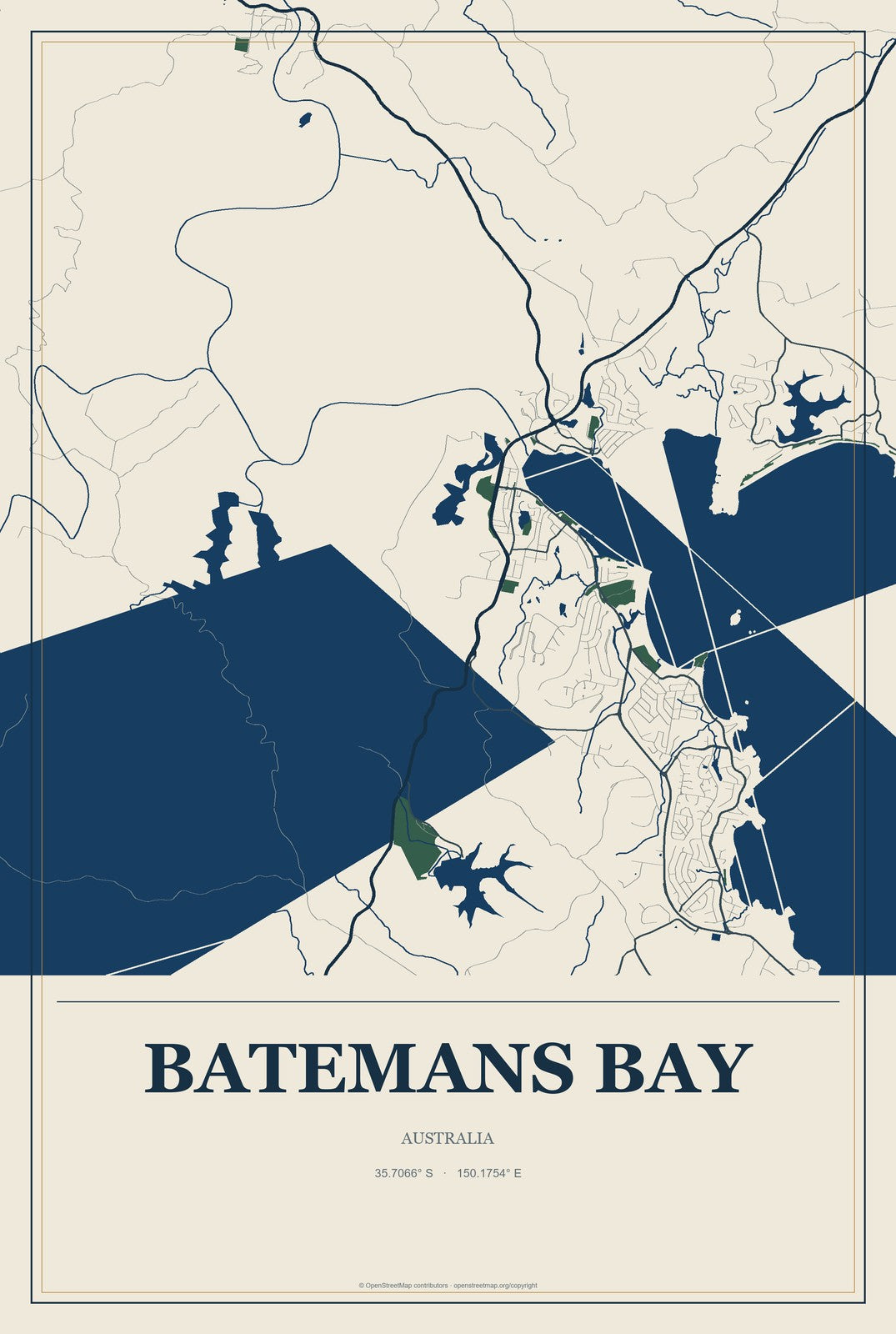 Batemans Bay, Australia City Map Aluminum Sign in Coastal Cutout style