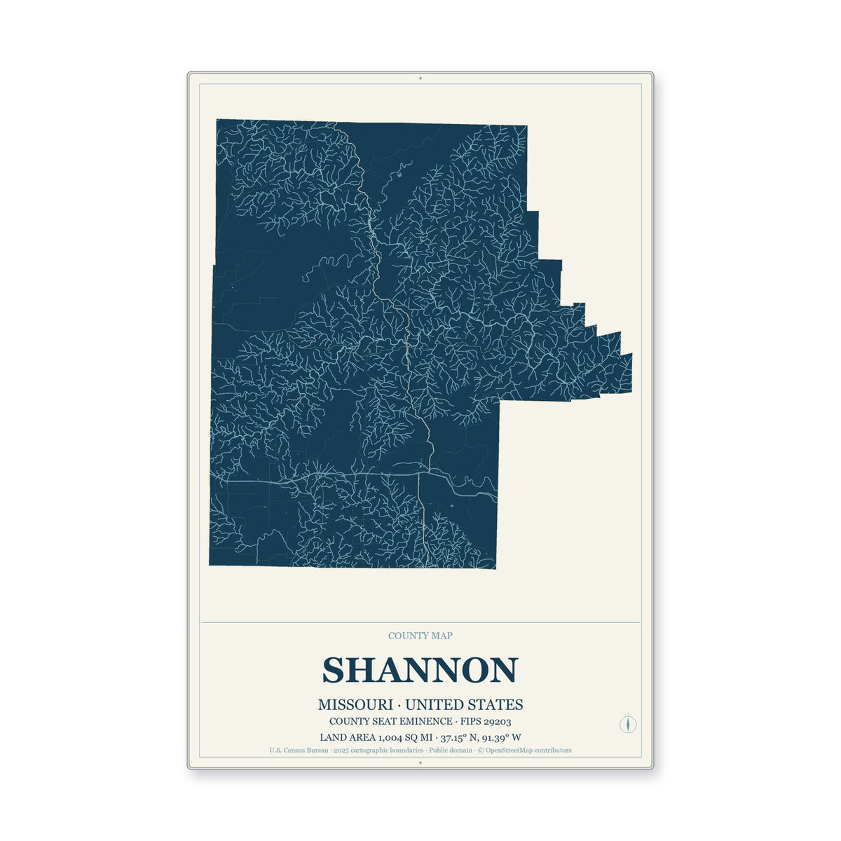 Shannon County, Missouri Map Aluminum Sign in Coastal Cutout style