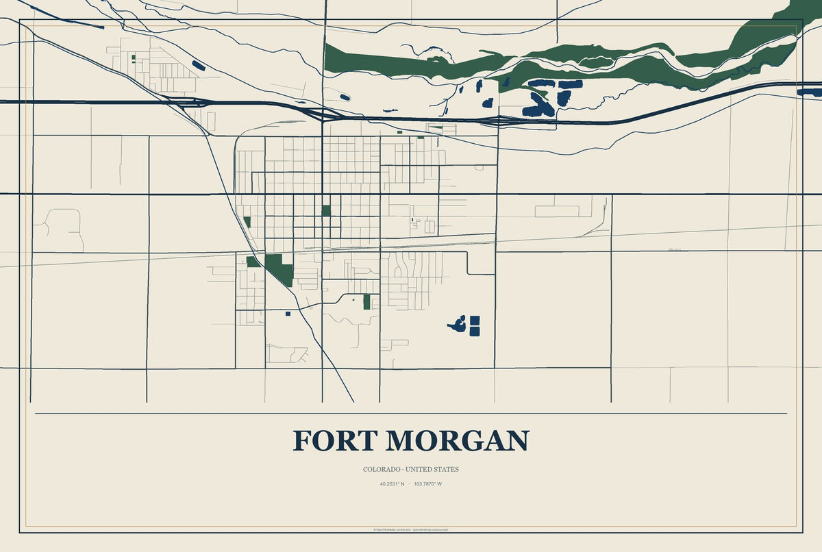 Fort Morgan, Colorado City Map Aluminum Sign in Coastal Cutout style