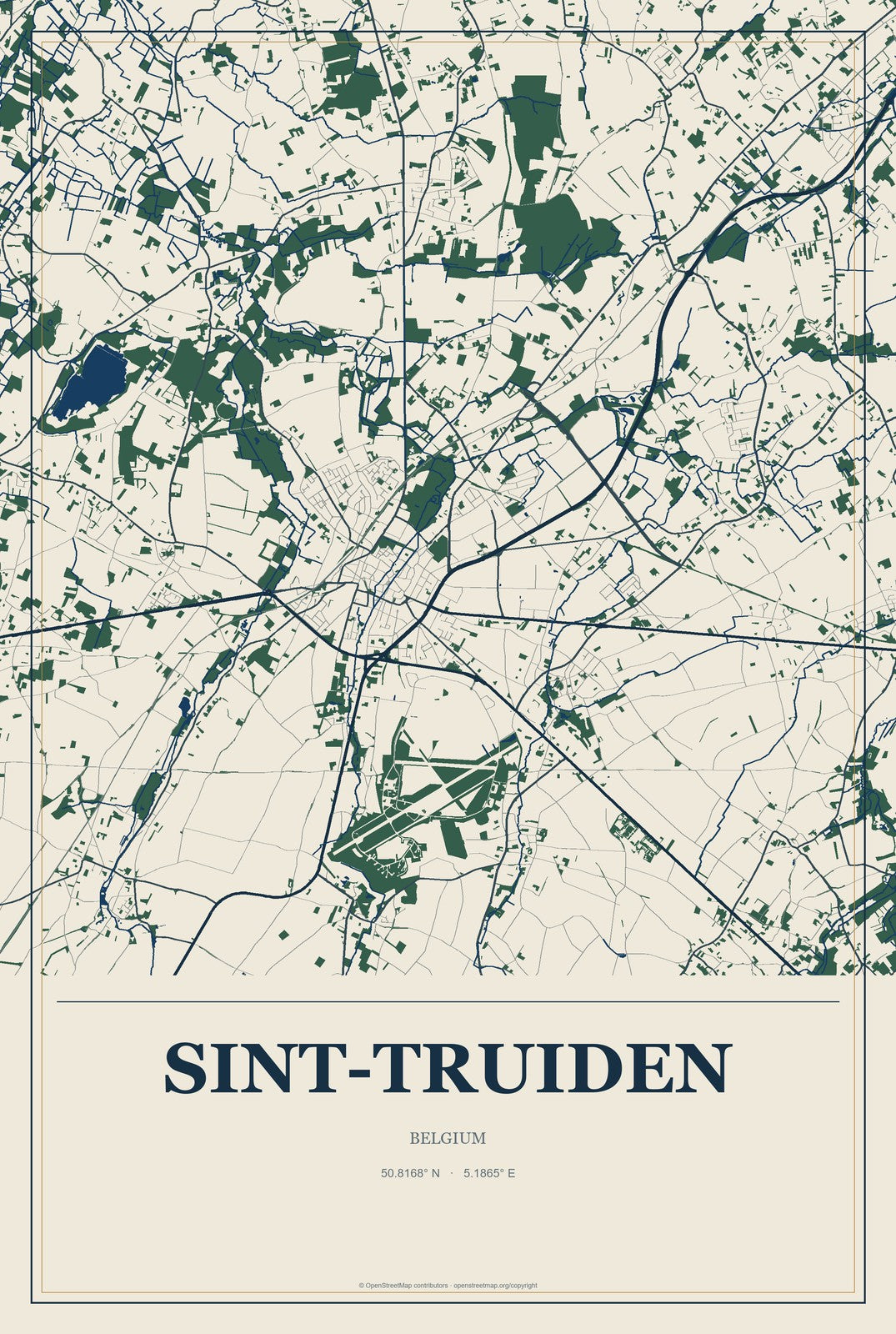 Sint-Truiden, Belgium City Map Aluminum Sign in Coastal Cutout style