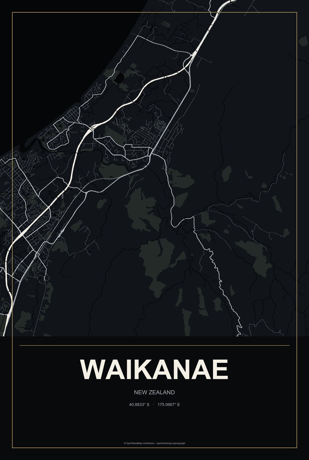 Waikanae, New Zealand City Map Aluminum Sign in Metropolitan Noir style