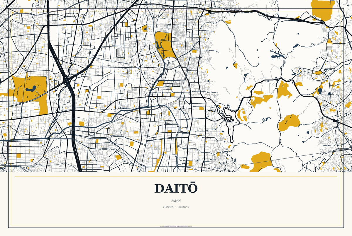 Daitō, Japan City Map Aluminum Sign in Citrine Modern style