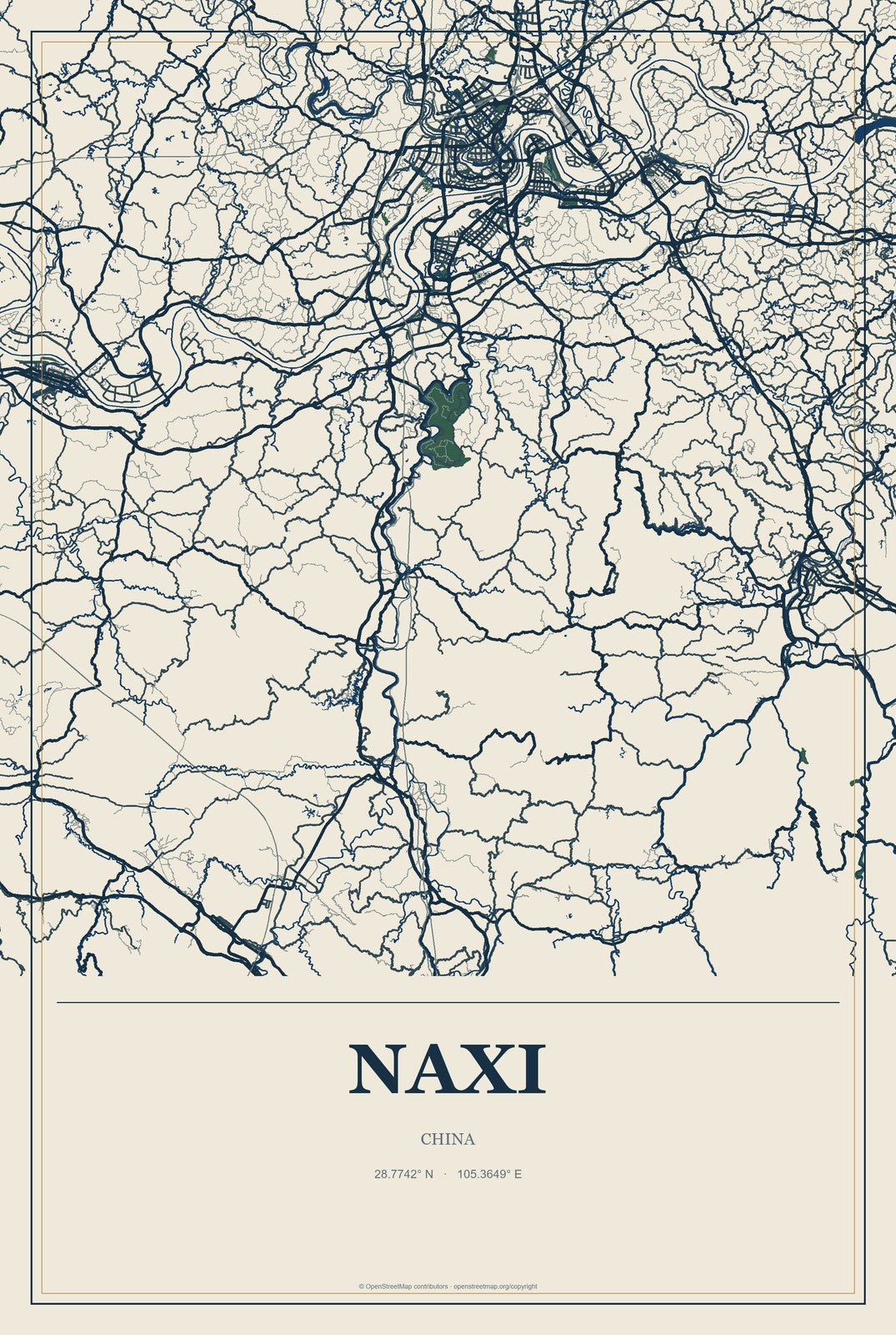 Naxi, China City Map Aluminum Sign in Coastal Cutout style