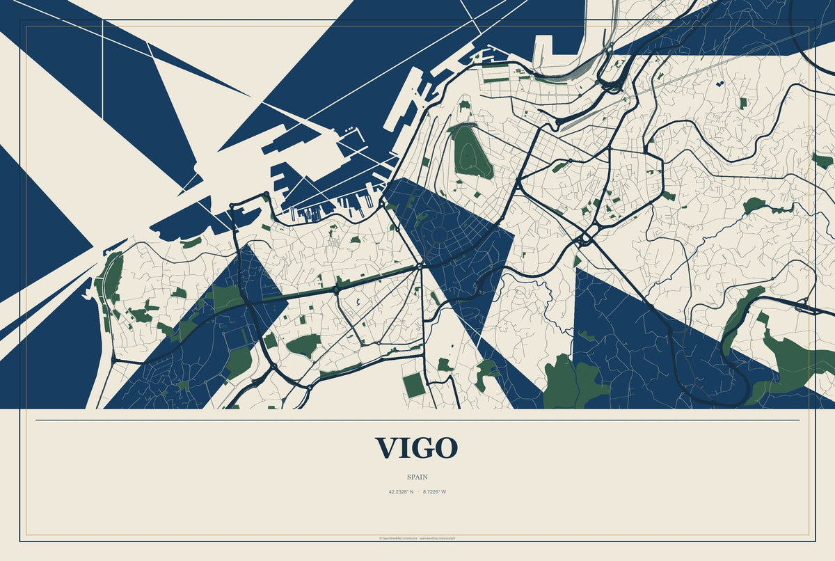 Vigo, Spain City Map Aluminum Sign in Coastal Cutout style
