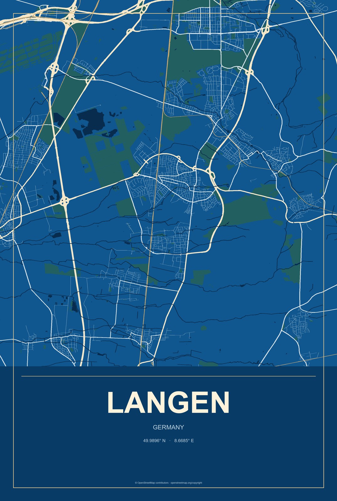 Langen, Lower Saxony, Germany City Map Aluminum Sign in Harbor Cobalt style