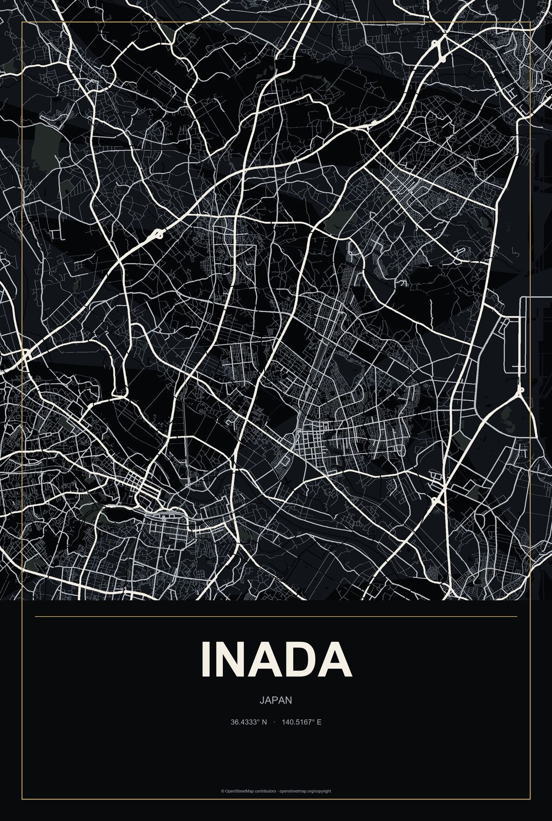 Inada, Japan City Map Aluminum Sign in Metropolitan Noir style
