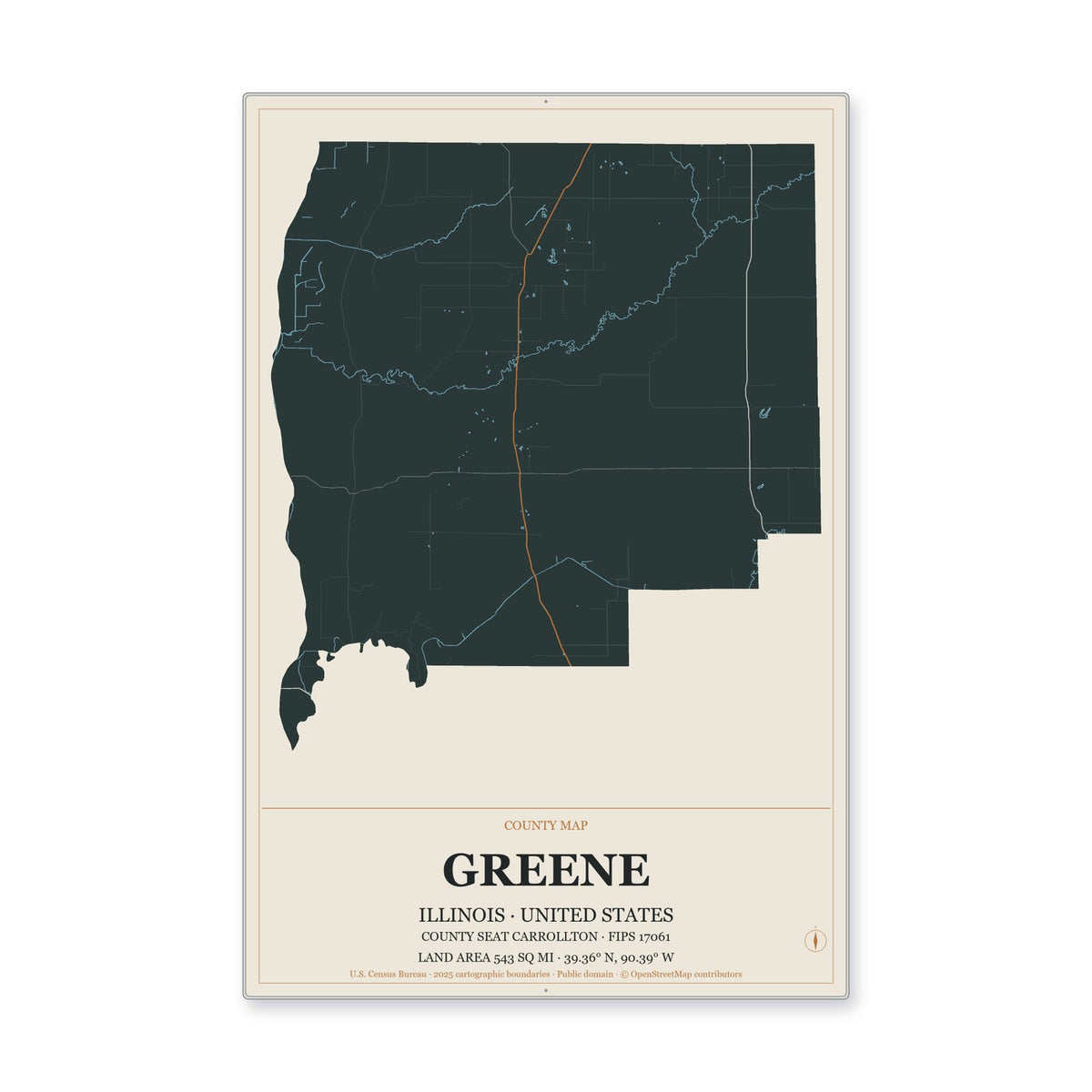 Greene County, Illinois Map Aluminum Sign in Headline Atlas style