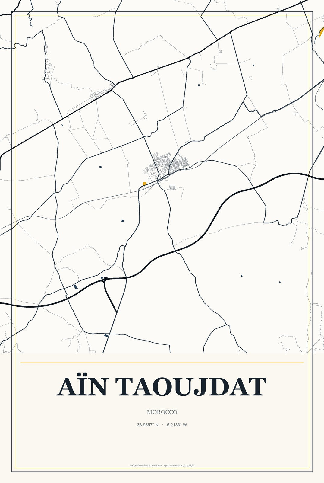 Aïn Taoujdat, Morocco City Map Aluminum Sign in Citrine Modern style