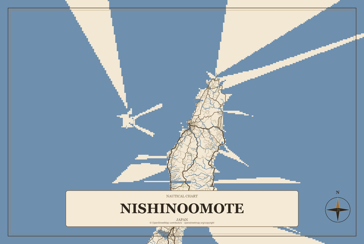 Nishinoomote, Japan City Map Aluminum Sign in Heritage Nautical style