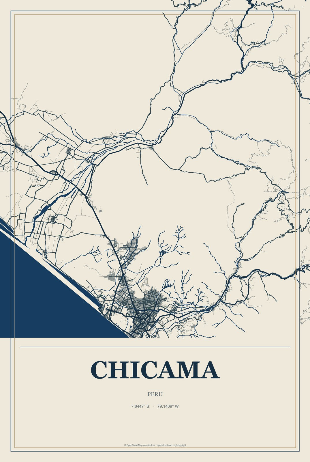 Chicama, Peru City Map Aluminum Sign in Coastal Cutout style
