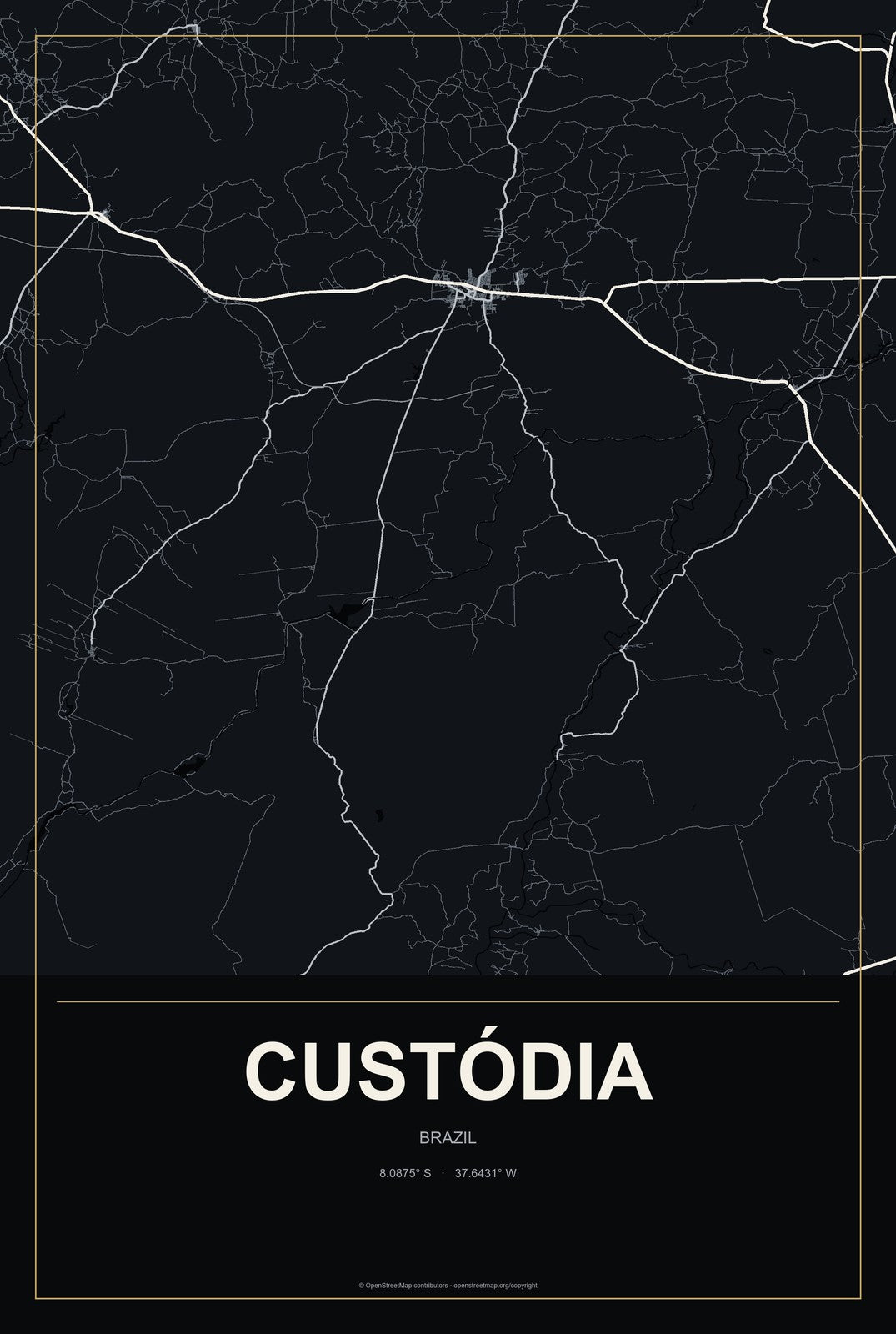 Custódia, Brazil City Map Aluminum Sign in Metropolitan Noir style