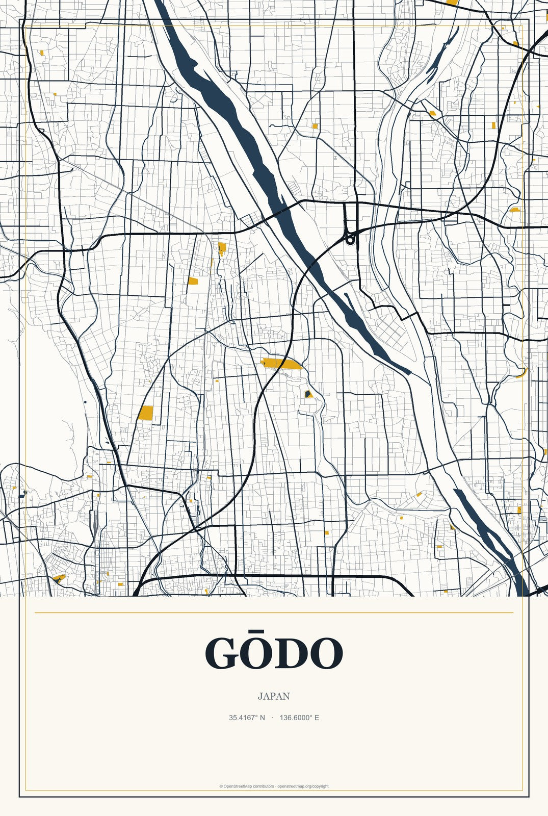 Gōdo, Japan City Map Aluminum Sign in Citrine Modern style