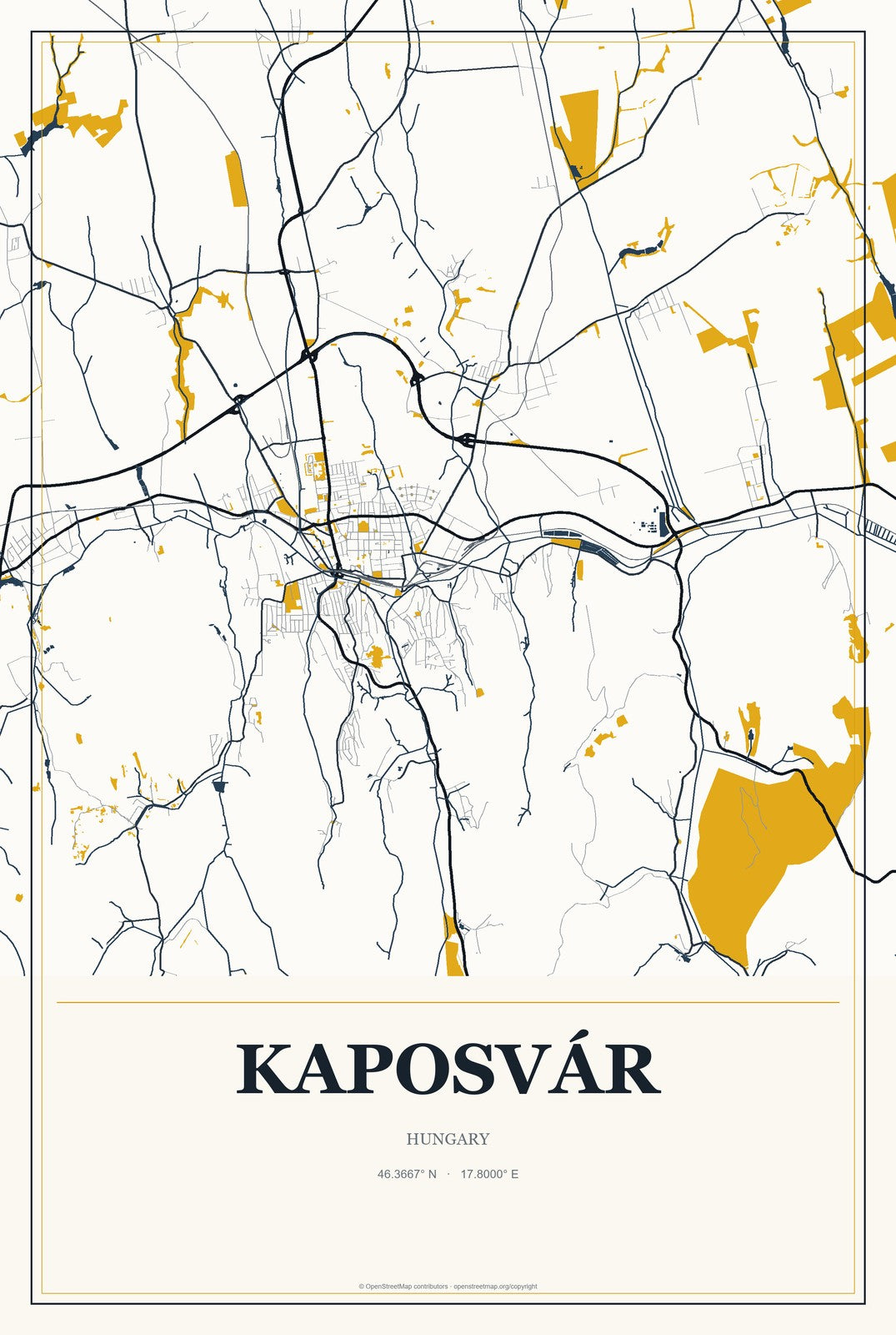 Kaposvár, Hungary City Map Aluminum Sign in Citrine Modern style