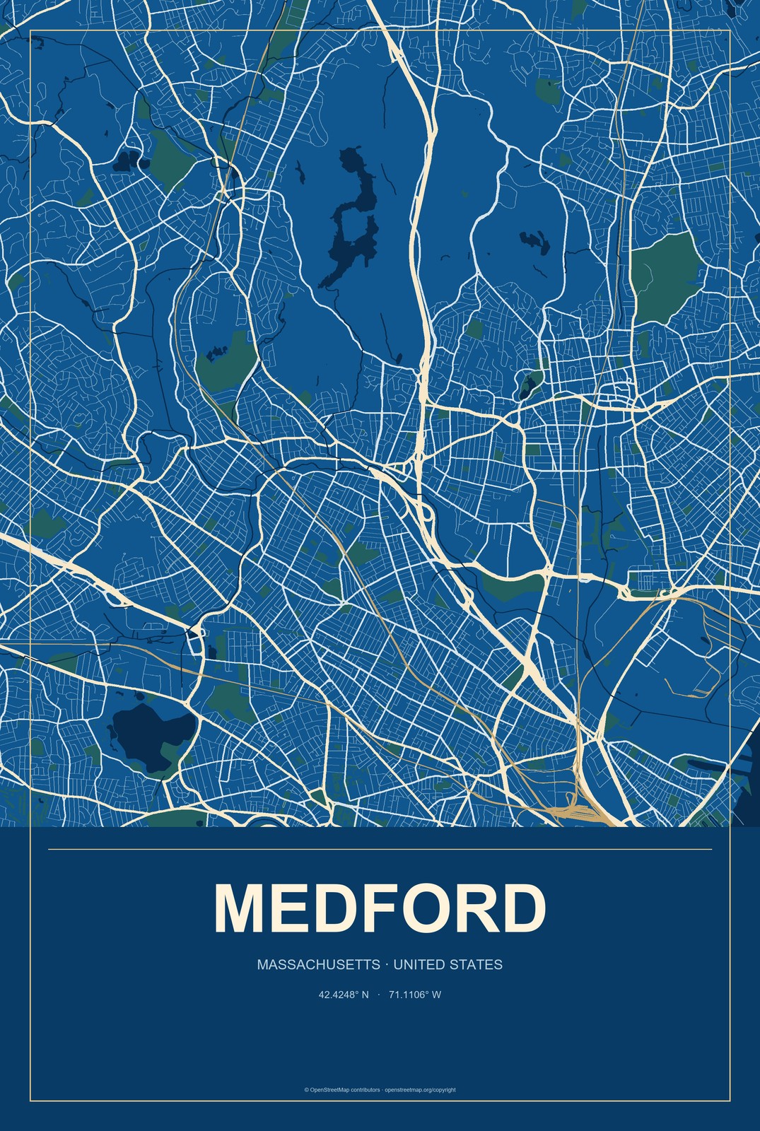 Medford, Massachusetts City Map Aluminum Sign in Harbor Cobalt style