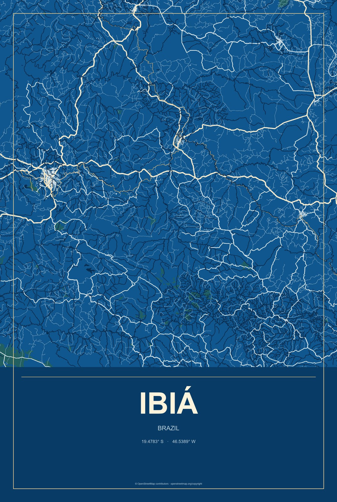 Ibiá, Brazil City Map Aluminum Sign in Harbor Cobalt style