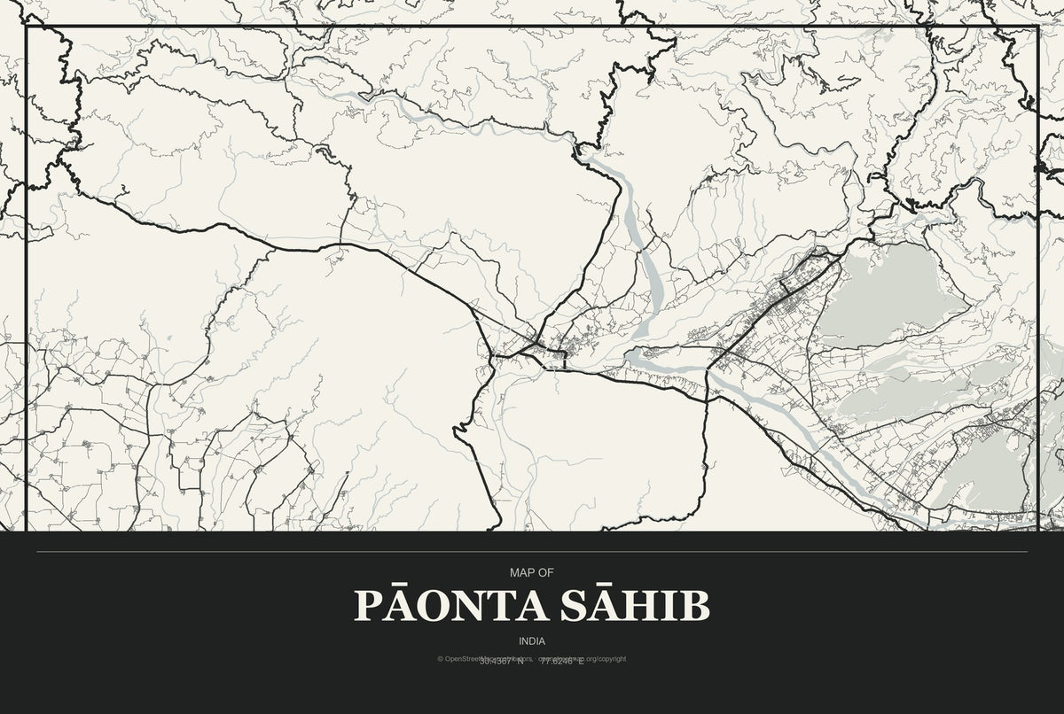Pāonta Sāhib, India City Map Aluminum Sign in Museum Plaque style
