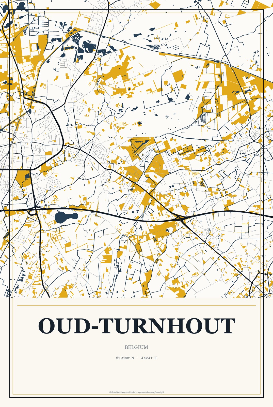 Oud-Turnhout, Belgium City Map Aluminum Sign in Citrine Modern style