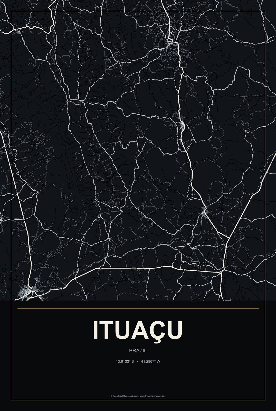 Ituaçu, Brazil City Map Aluminum Sign in Metropolitan Noir style