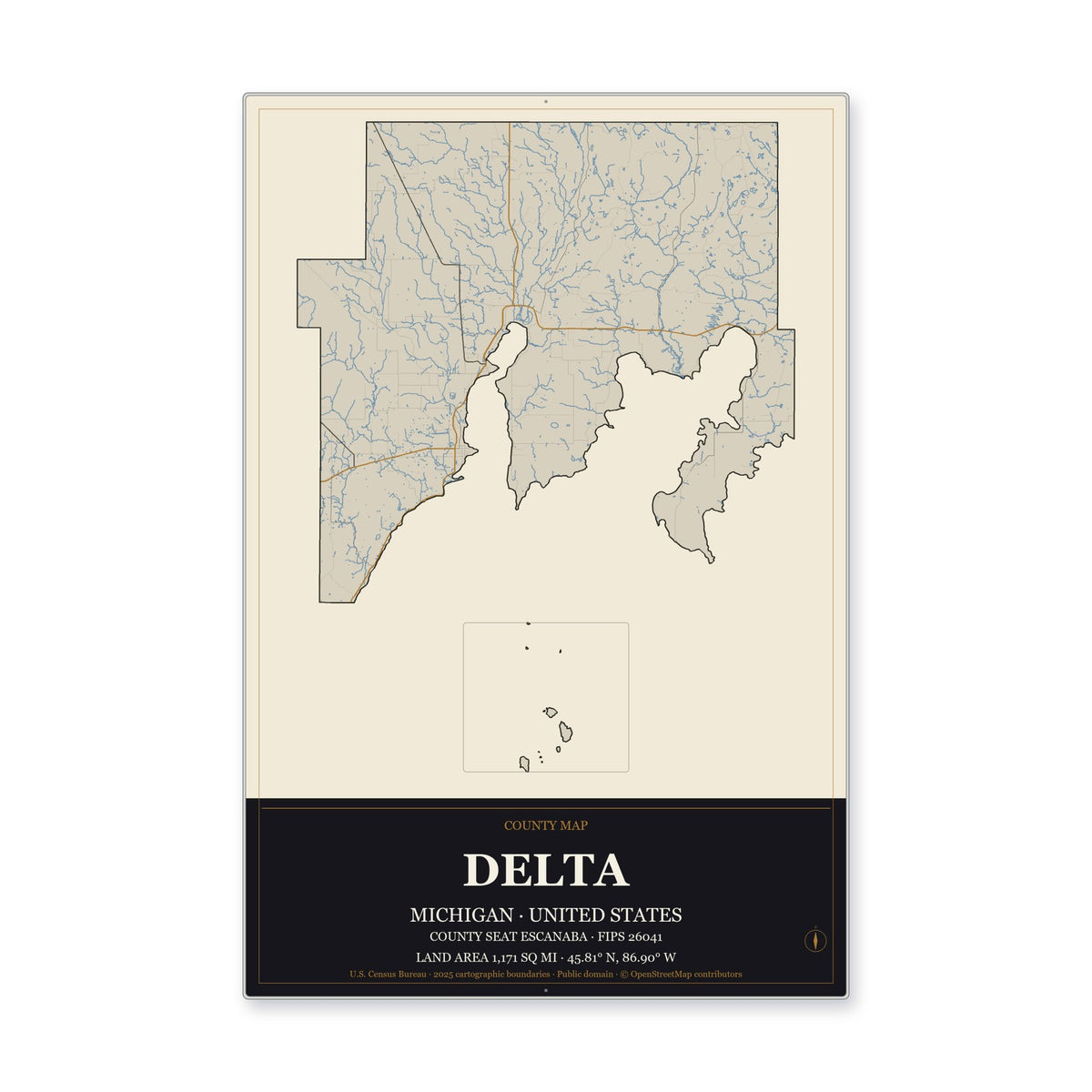 Delta County, Michigan Map Aluminum Sign in Museum Plaque style