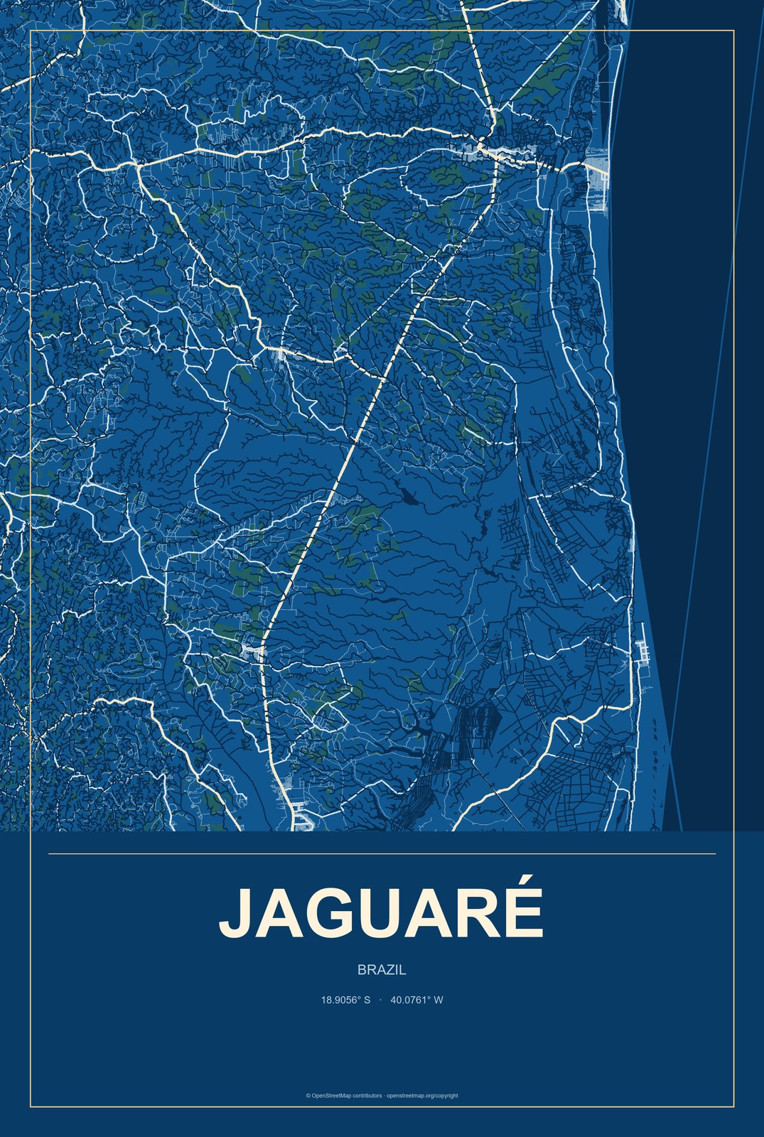 Jaguaré, Brazil City Map Aluminum Sign in Harbor Cobalt style
