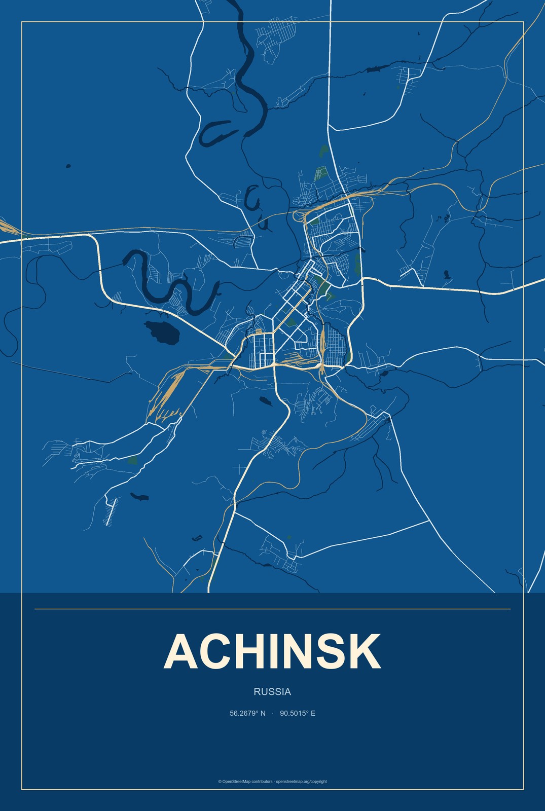 Achinsk, Russia City Map Aluminum Sign in Harbor Cobalt style