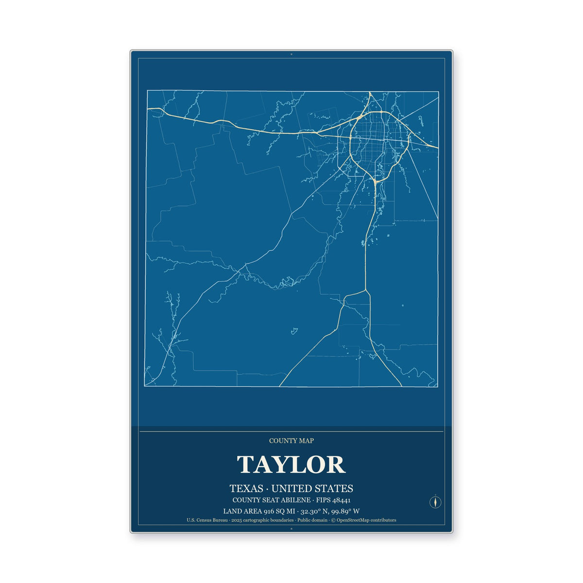 Taylor County, Texas Map Aluminum Sign in Harbor Cobalt style