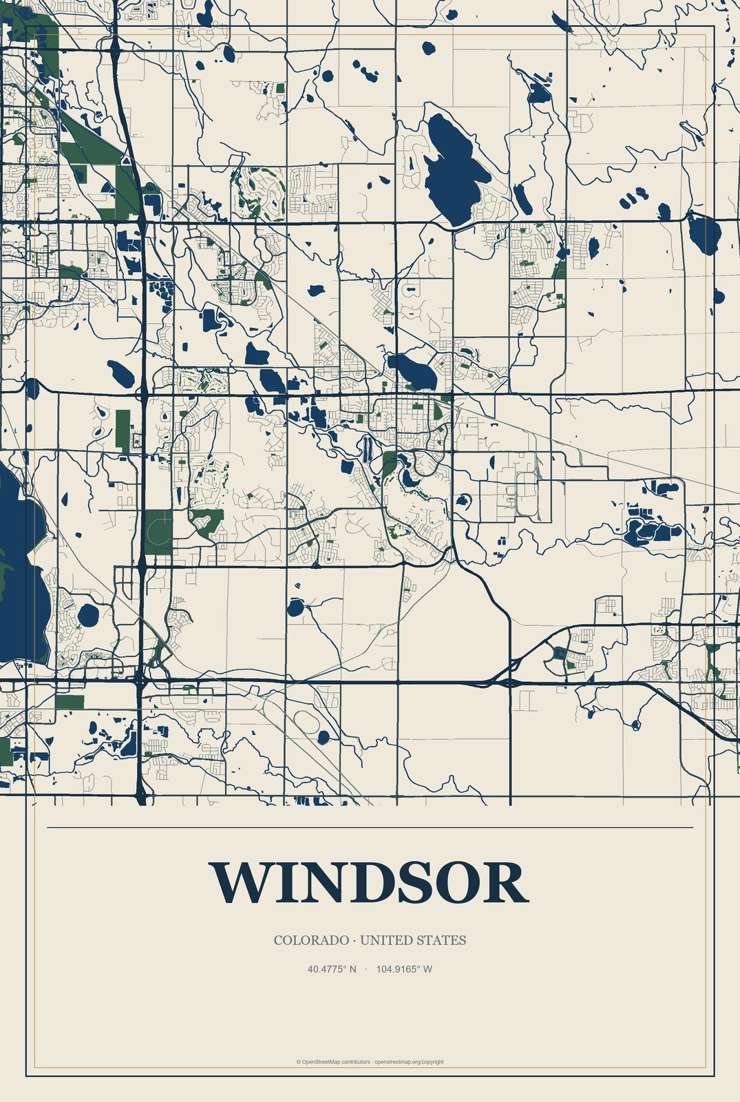 Windsor, Colorado City Map Aluminum Sign in Coastal Cutout style