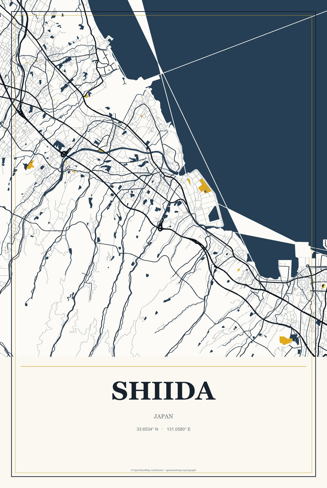 Shiida, Japan City Map Aluminum Sign in Citrine Modern style
