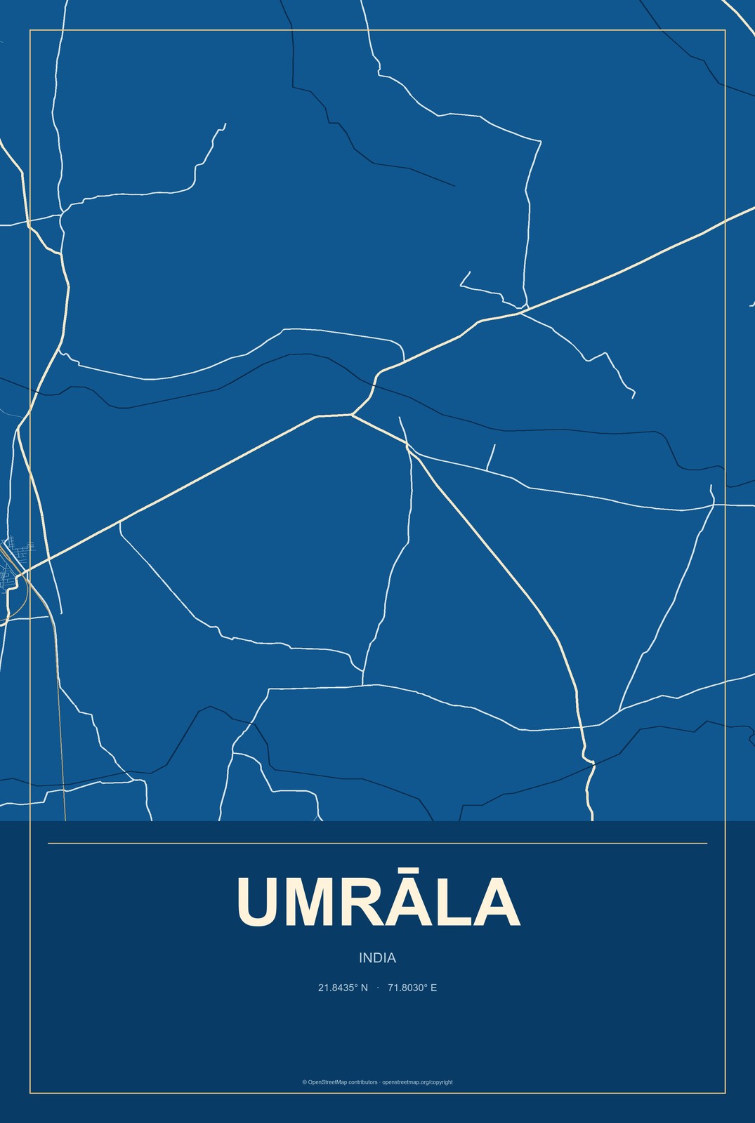 Umrāla, India City Map Aluminum Sign in Harbor Cobalt style