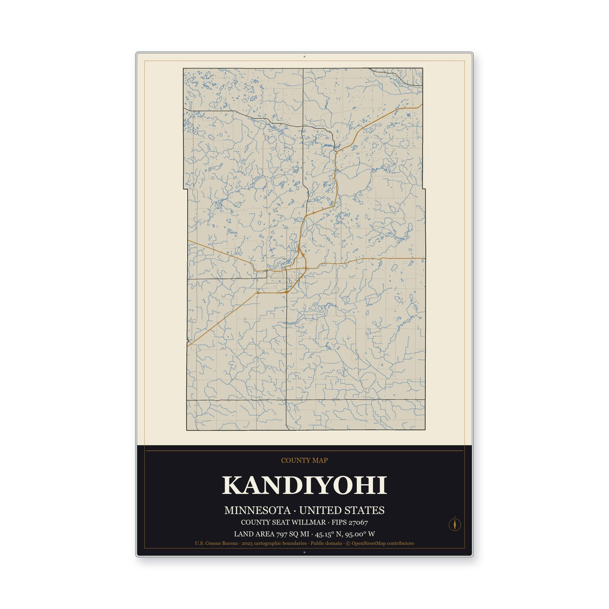 Kandiyohi County, Minnesota Map Aluminum Sign in Museum Plaque style
