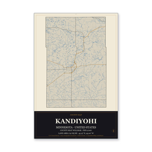 Kandiyohi County, Minnesota Map Aluminum Sign in Museum Plaque style