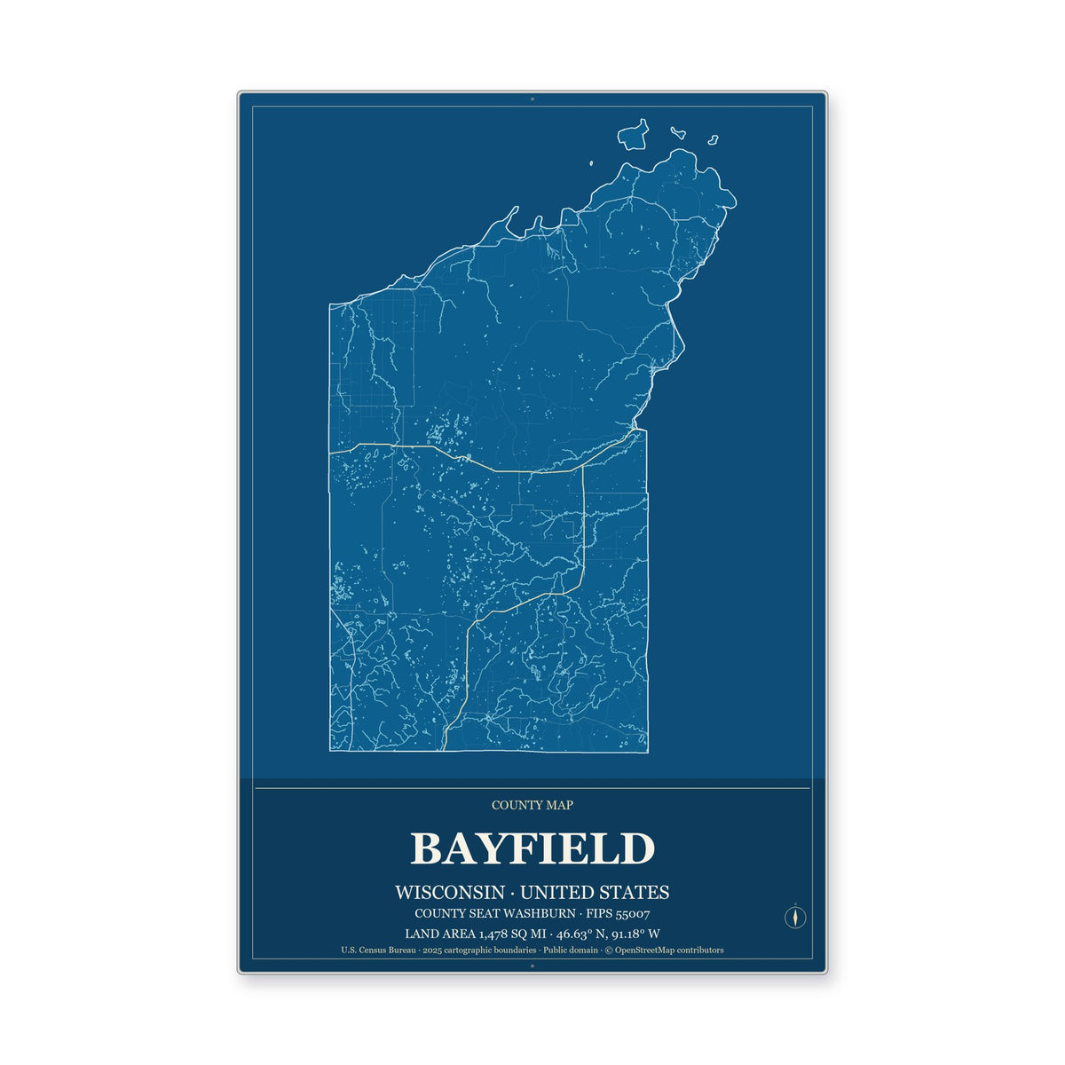 Bayfield County, Wisconsin Map Aluminum Sign in Harbor Cobalt style