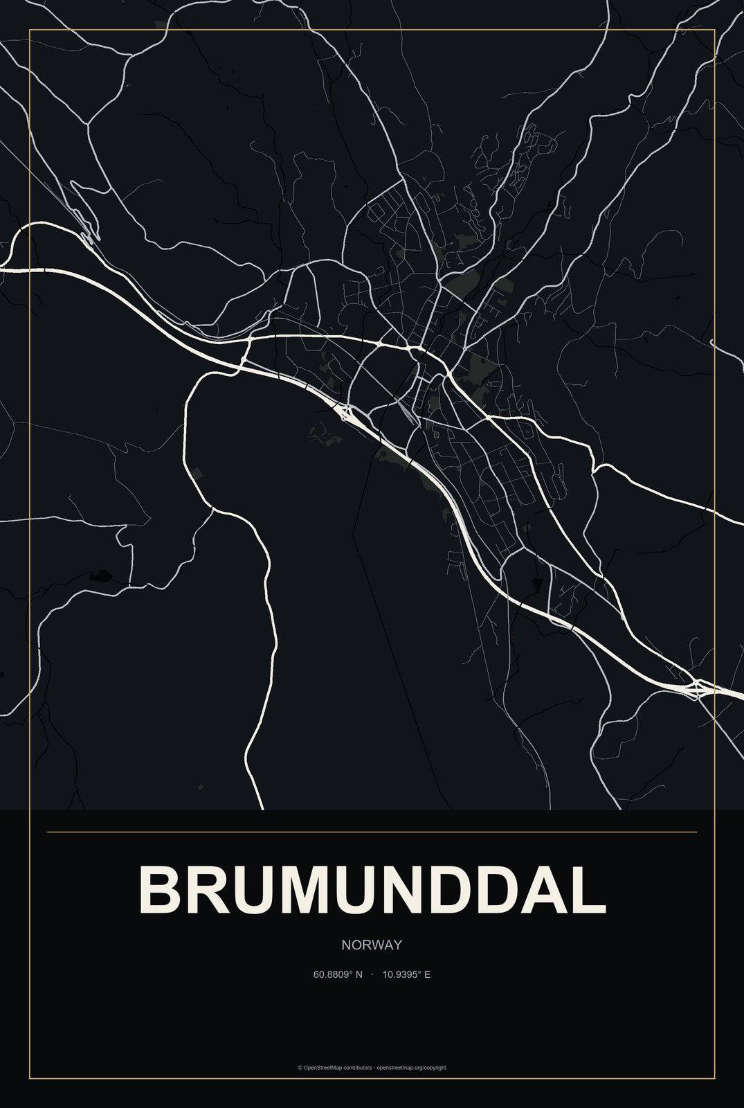 Brumunddal, Norway City Map Aluminum Sign in Metropolitan Noir style