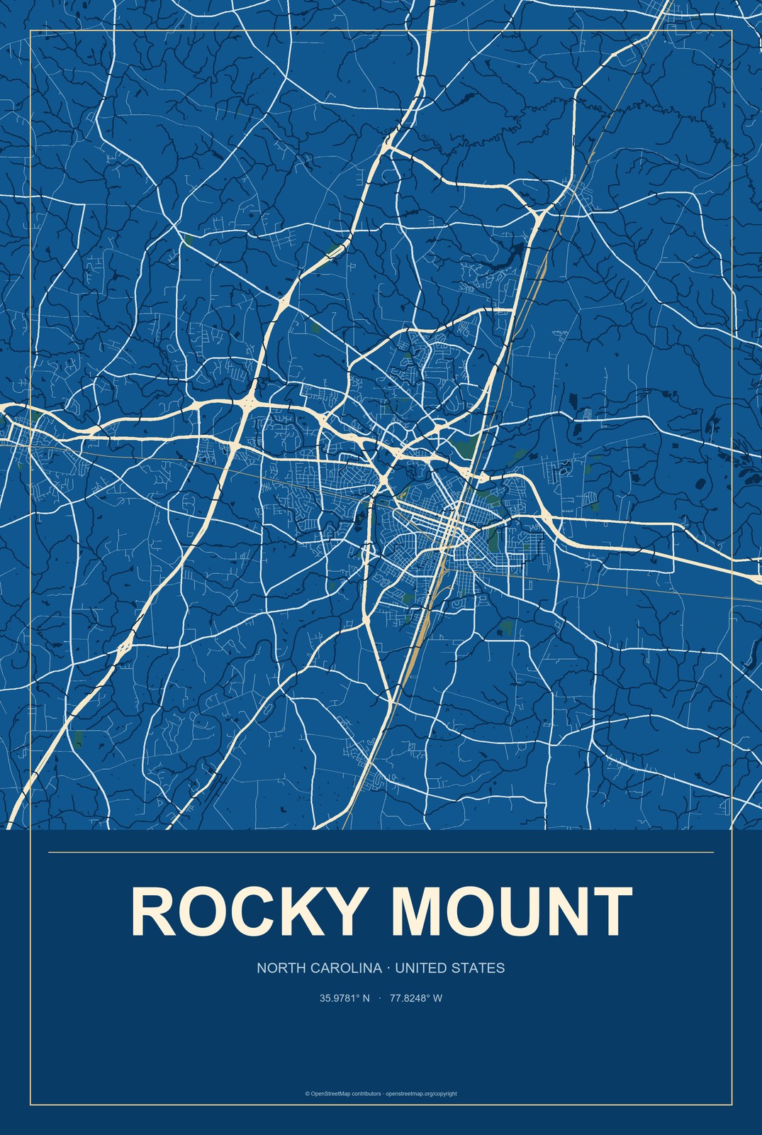 Rocky Mount, North Carolina City Map Aluminum Sign in Harbor Cobalt style