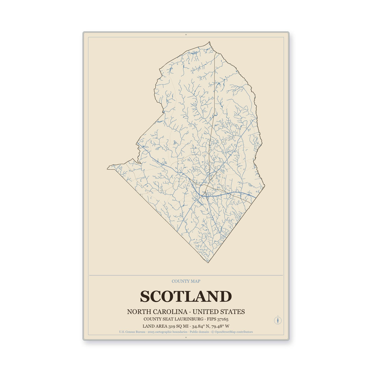 Scotland County, North Carolina Map Aluminum Sign in Heritage Nautical style