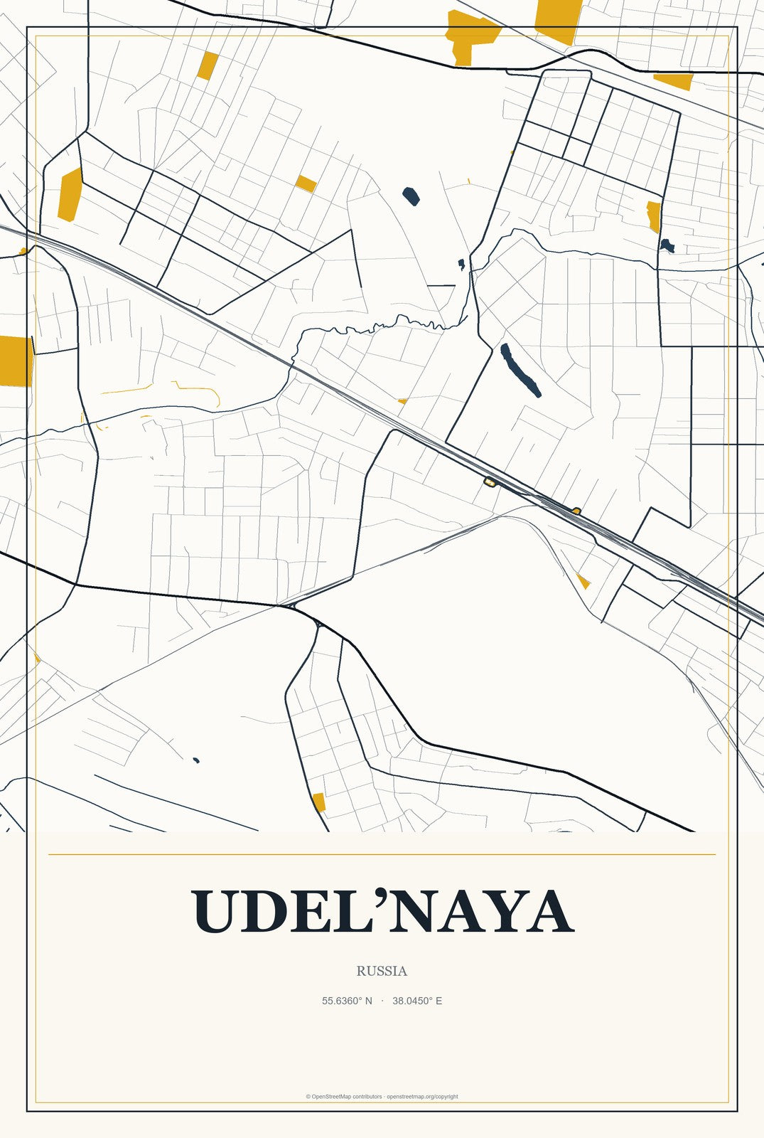 Udel’naya, Russia City Map Aluminum Sign in Citrine Modern style