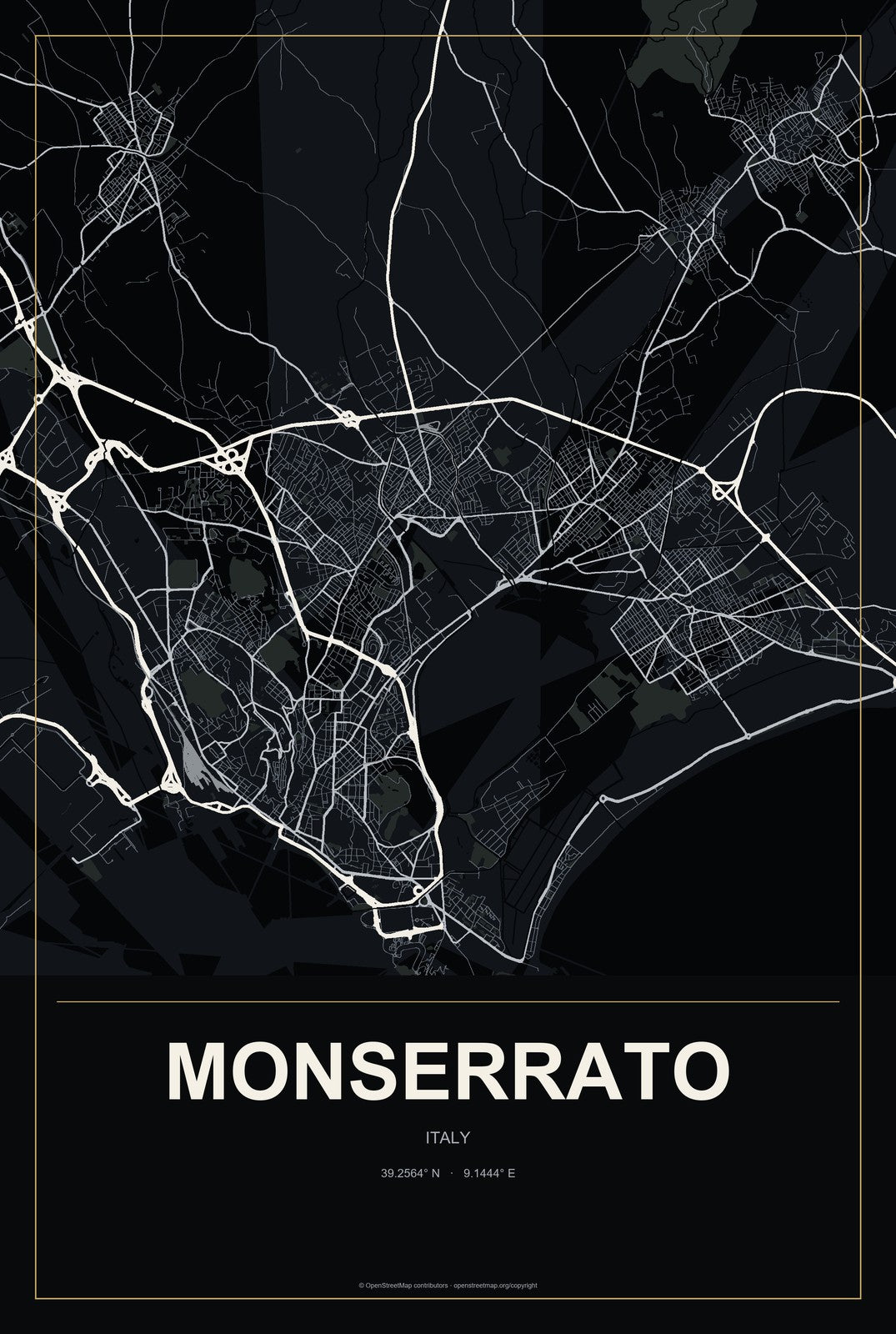 Monserrato, Italy City Map Aluminum Sign in Metropolitan Noir style