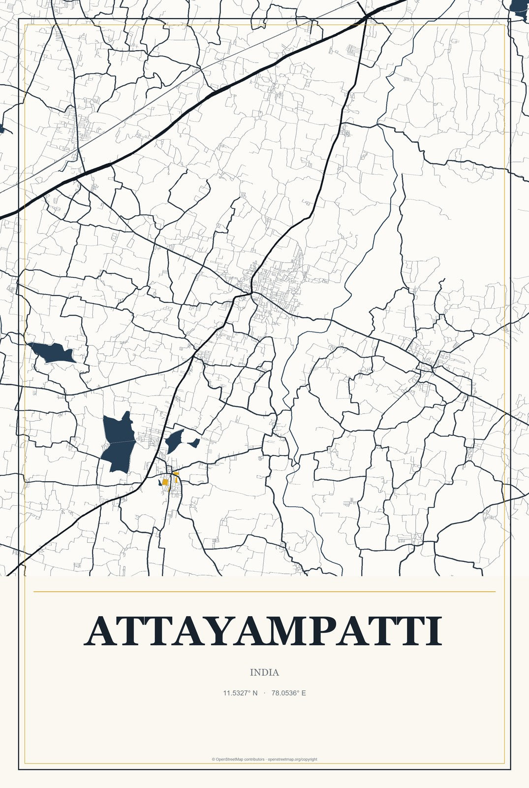 Attayampatti, India City Map Aluminum Sign in Citrine Modern style