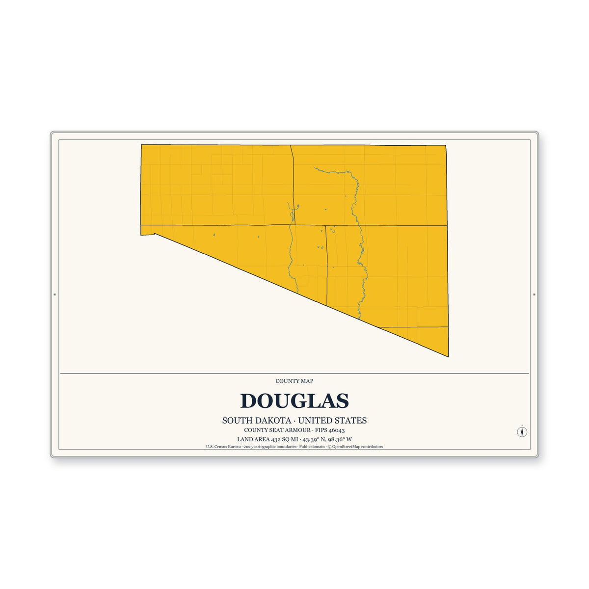 Douglas County, South Dakota Map Aluminum Sign in Citrine Modern style