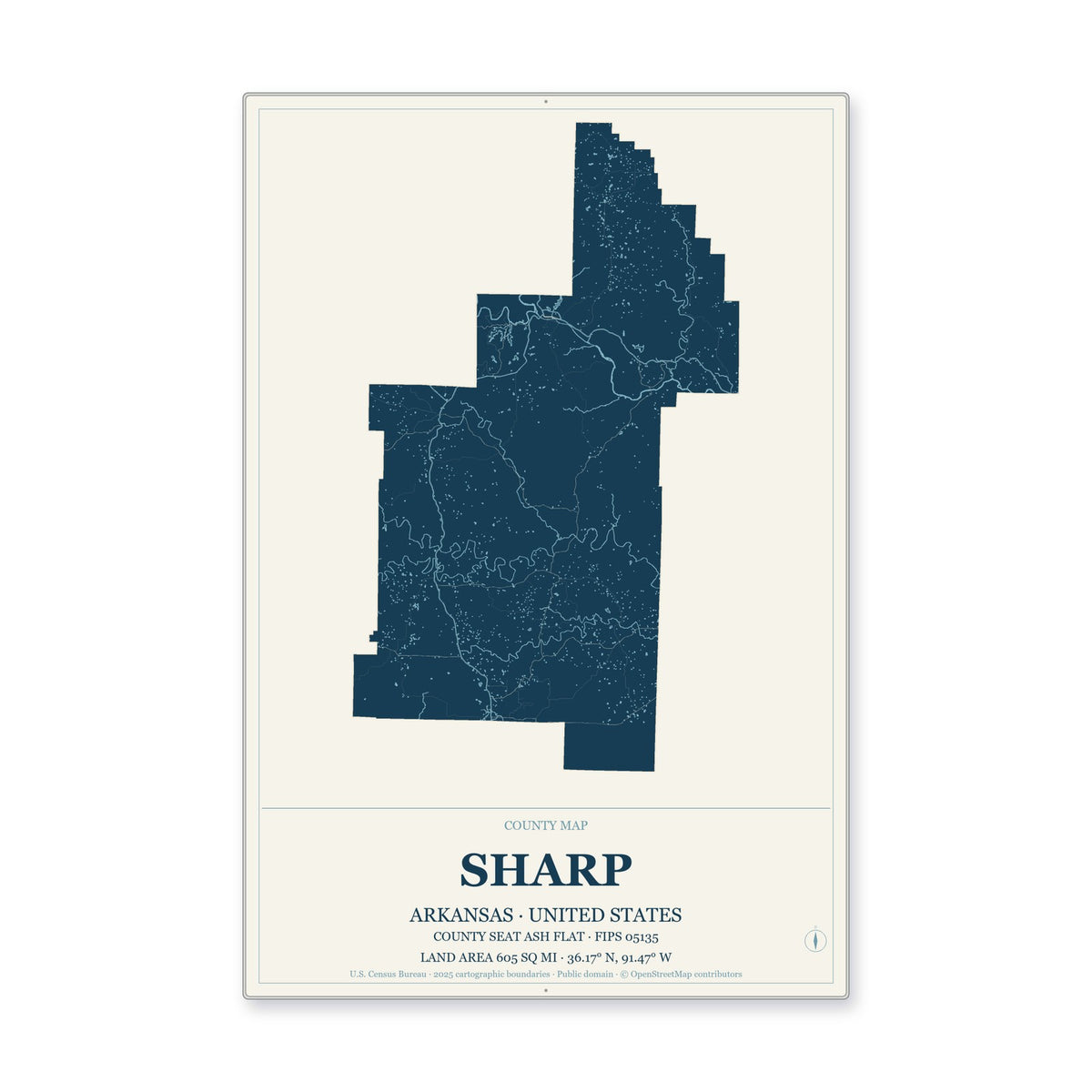 Sharp County, Arkansas Map Aluminum Sign in Coastal Cutout style