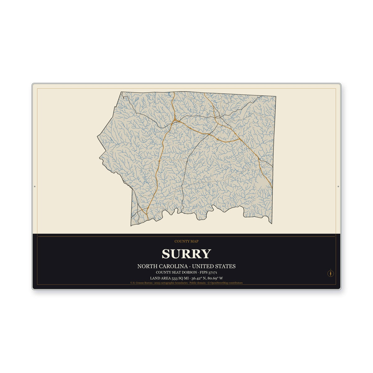 Surry County, North Carolina Map Aluminum Sign in Museum Plaque style