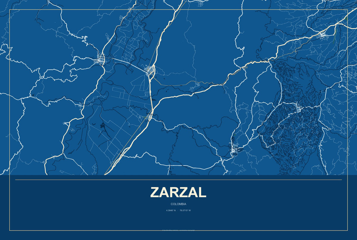 Zarzal, Colombia City Map Aluminum Sign in Harbor Cobalt style