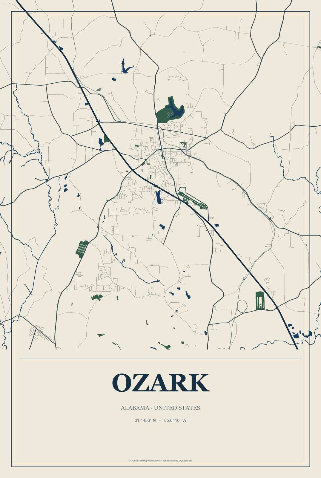 Ozark, Alabama City Map Aluminum Sign in Coastal Cutout style