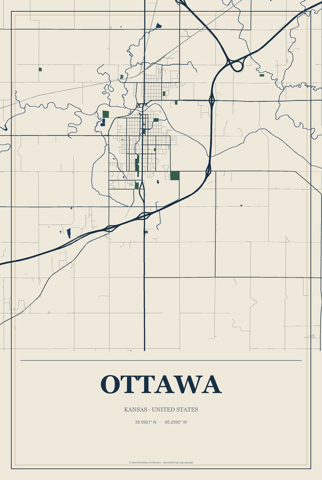 Ottawa, Kansas City Map Aluminum Sign in Coastal Cutout style