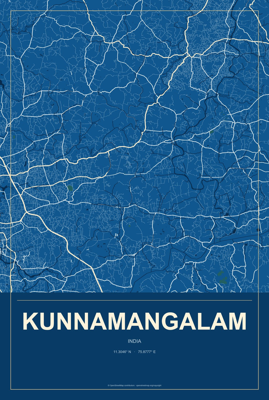 Kunnamangalam, India City Map Aluminum Sign in Harbor Cobalt style