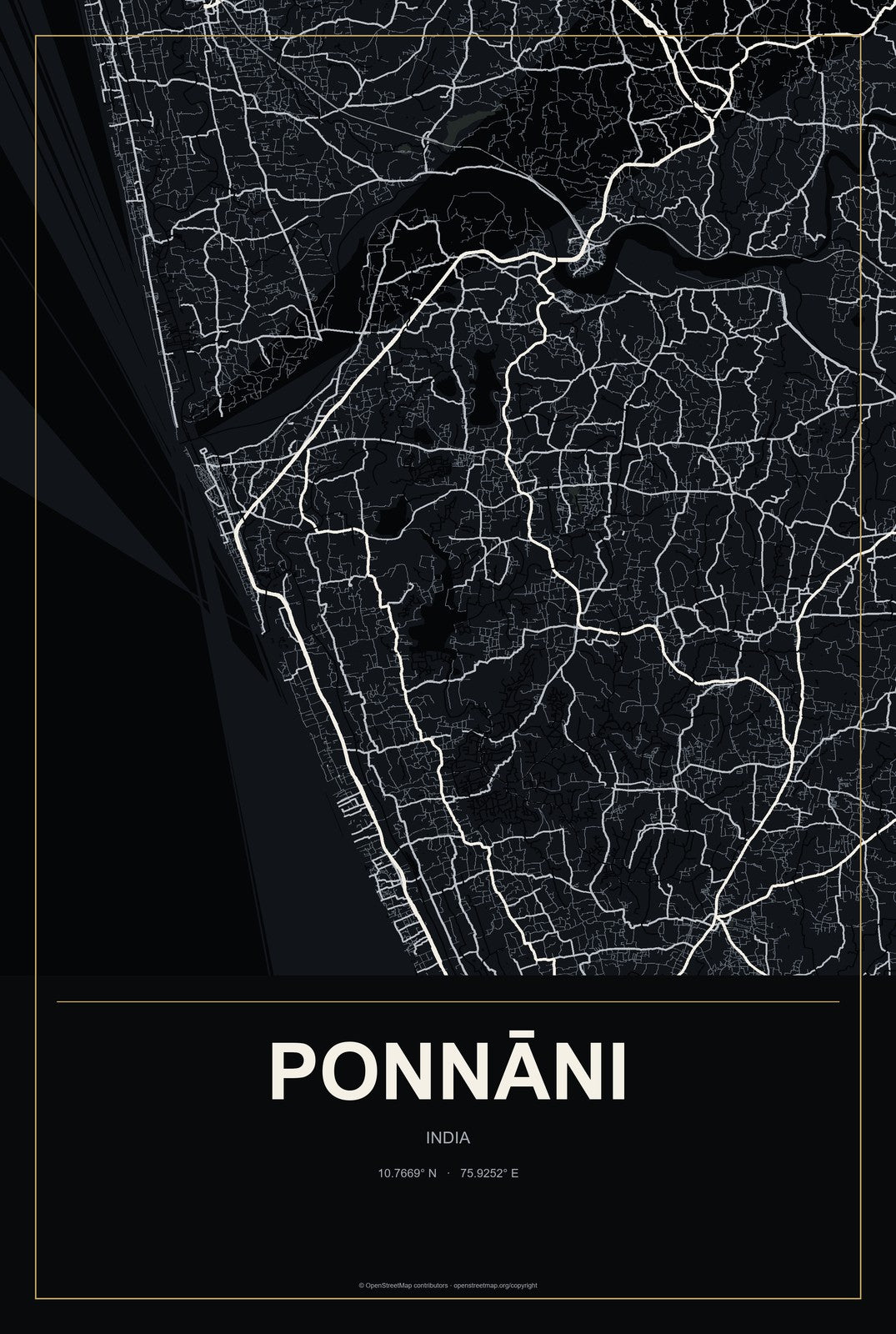 Ponnāni, India City Map Aluminum Sign in Metropolitan Noir style