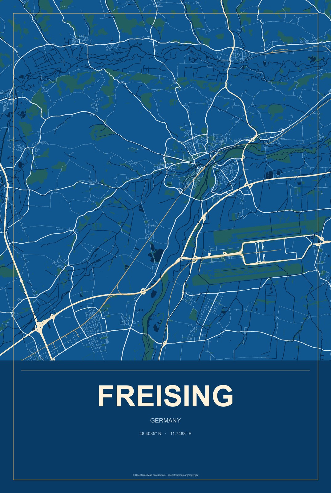 Freising, Germany City Map Aluminum Sign in Harbor Cobalt style