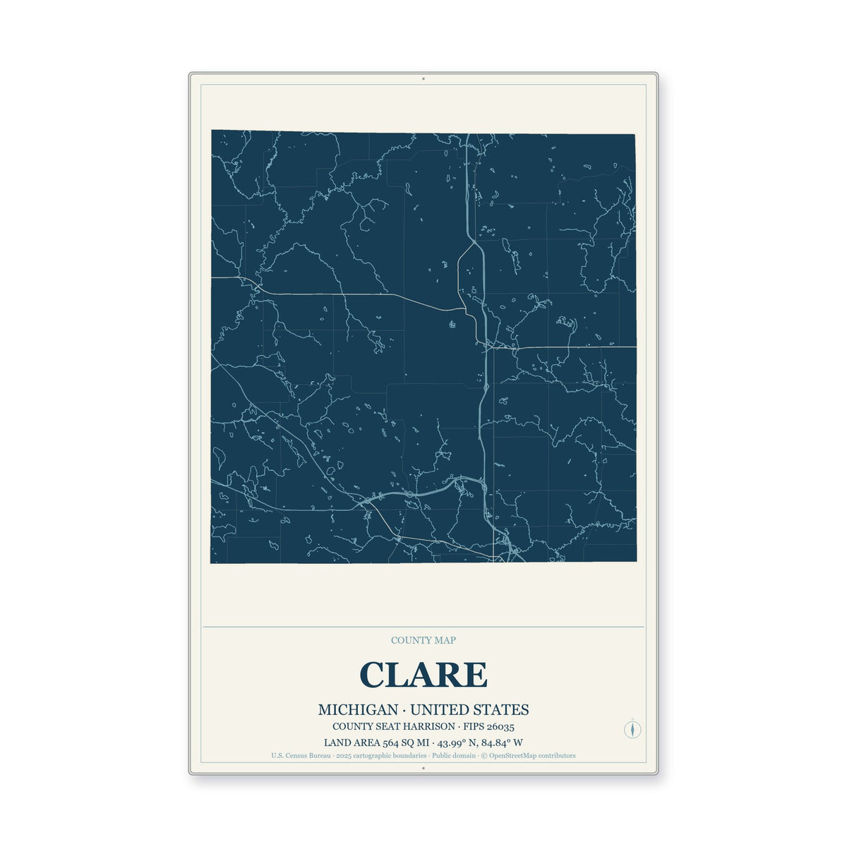 Clare County, Michigan Map Aluminum Sign in Coastal Cutout style